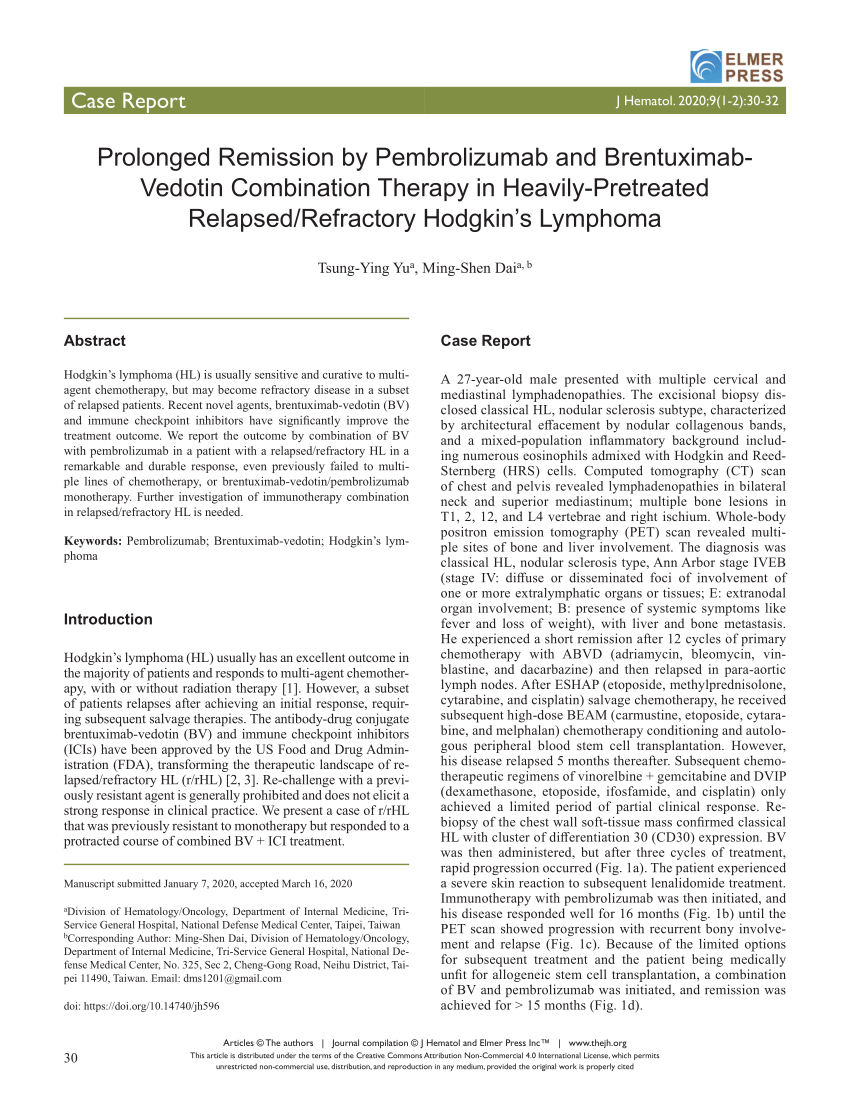 Pdf Prolonged Remission By Pembrolizumab And Brentuximab Vedotin Combination Therapy In 