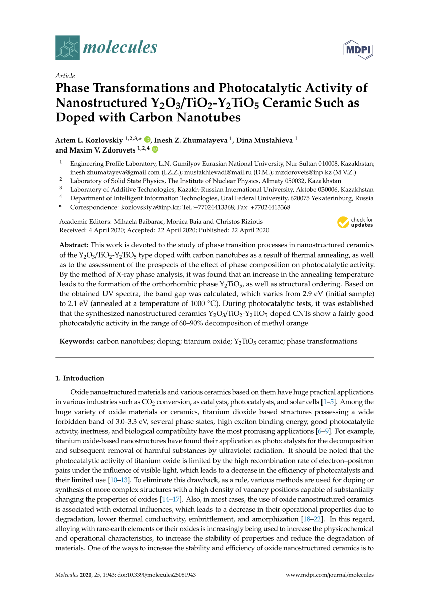 Pdf Phase Transformations And Photocatalytic Activity Of Nanostructured Y2o3 Tio2 Y2tio5 Ceramic Such As Doped With Carbon Nanotubes