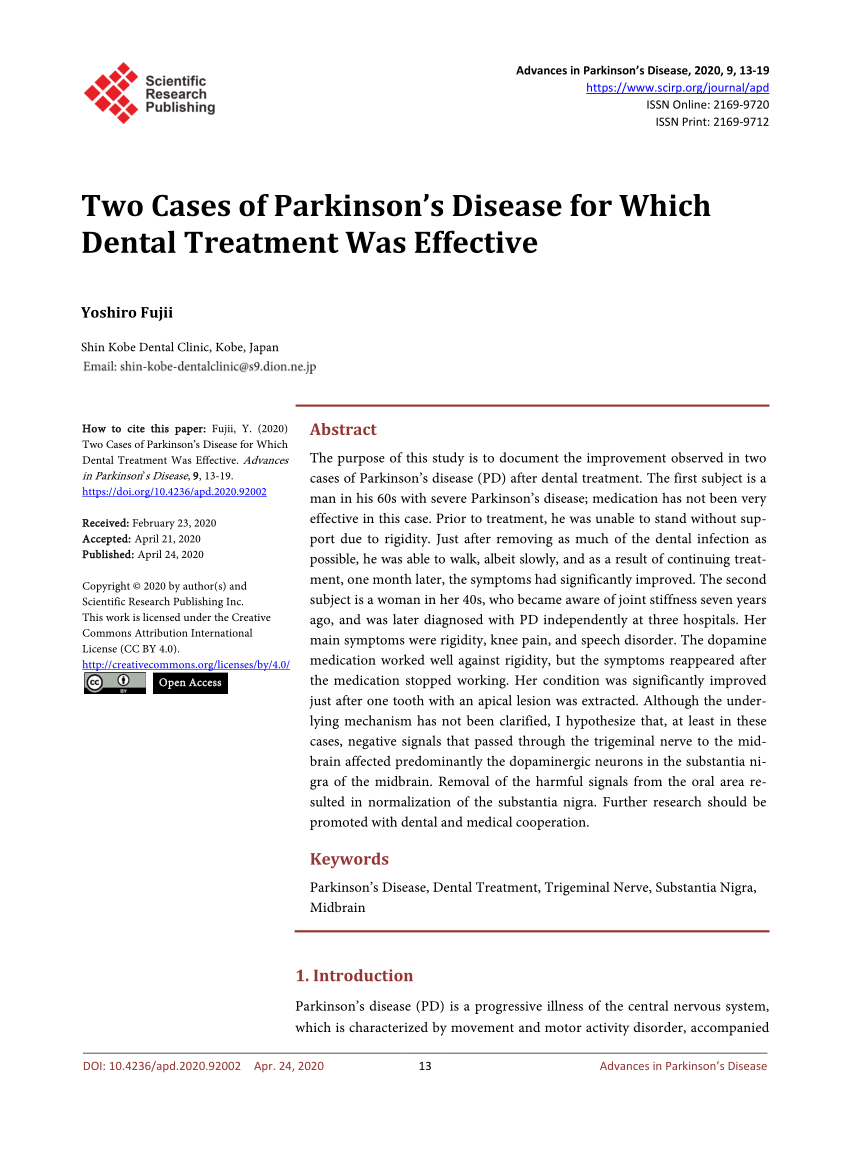 Pdf Two Cases Of Parkinson S Disease For Which Dental Treatment Was Effective