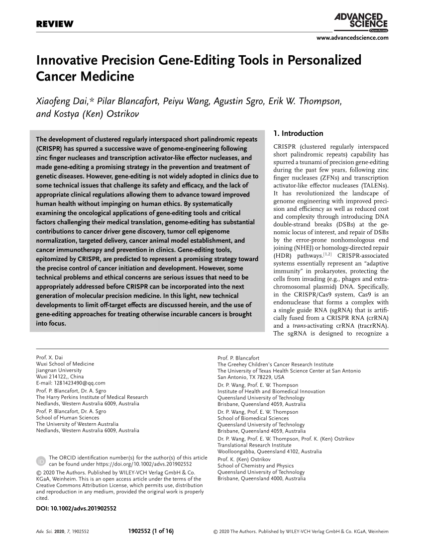 PDF) Innovative Precision Gene‐Editing Tools in Personalized Cancer Medicine