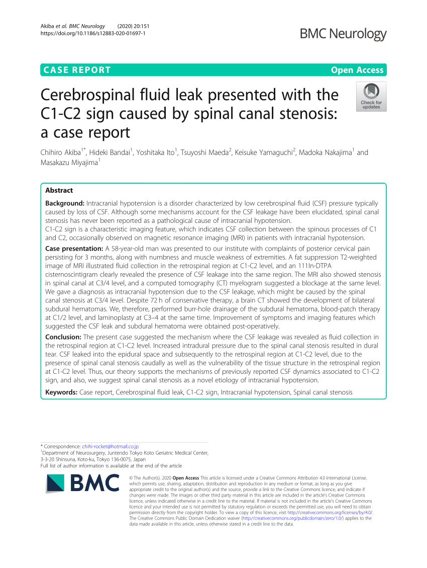 Pdf Cerebrospinal Fluid Leak Presented With The C1 C2 Sign Caused By Spinal Canal Stenosis A Case Report