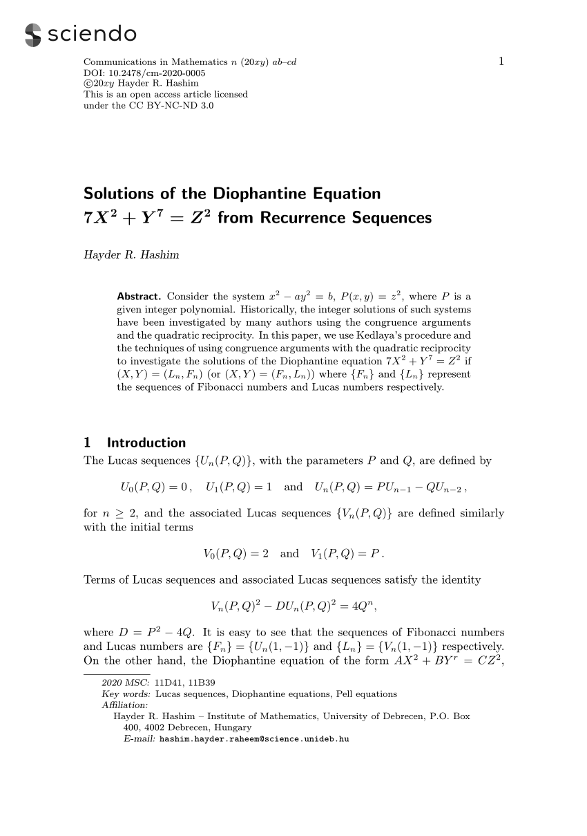 Pdf Solutions Of The Diophantine Equation 7x 2 Y 7 Z 2 From Recurrence Sequences