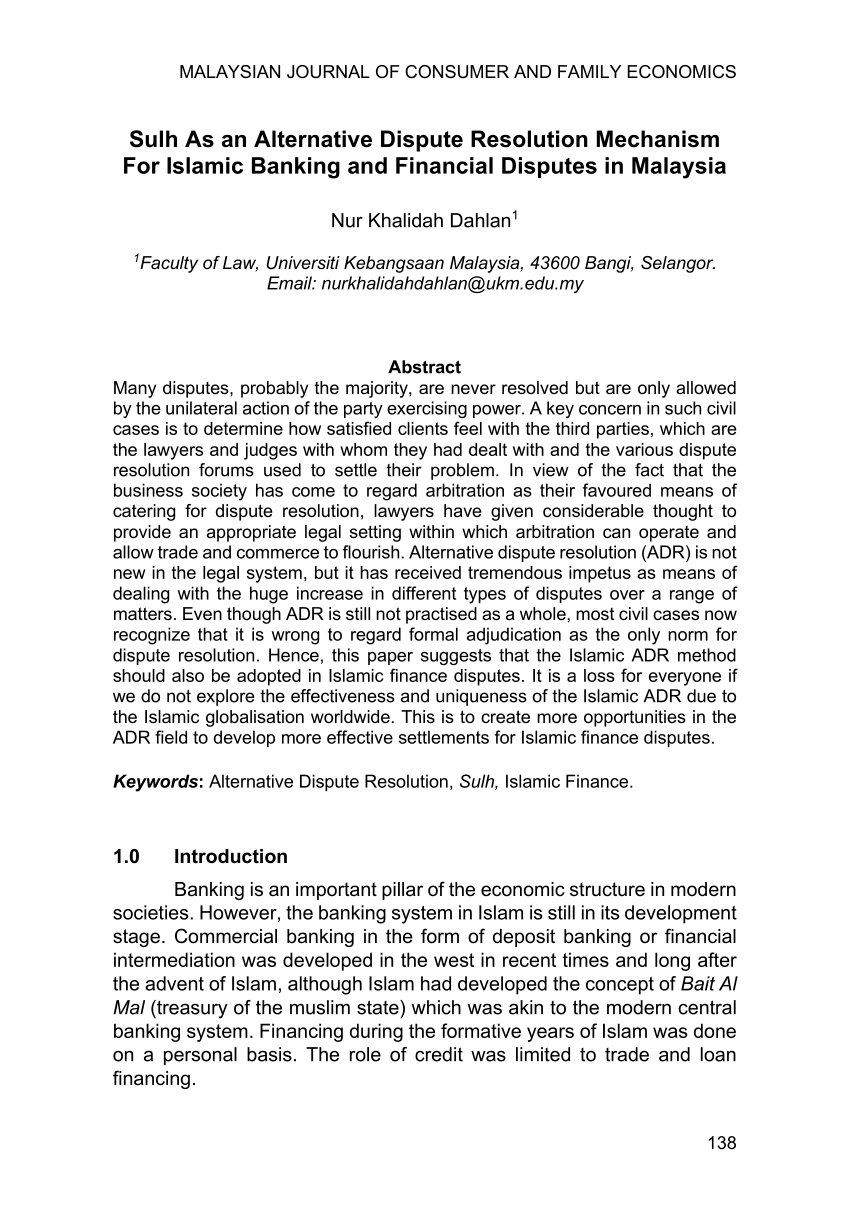 Pdf Sulh As An Alternative Dispute Resolution Mechanism For Islamic Banking And Financial Disputes In Malaysia