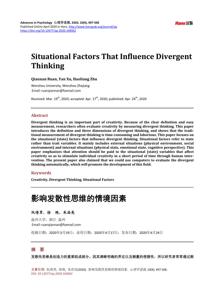 Pdf Situational Factors That Influence Divergent Thinking