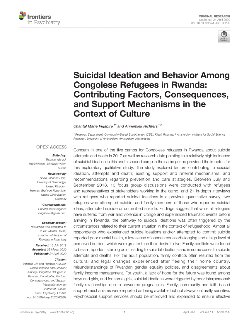 Pdf Suicidal Ideation And Behavior Among Congolese Refugees In Rwanda Contributing Factors Consequences And Support Mechanisms In The Context Of Culture