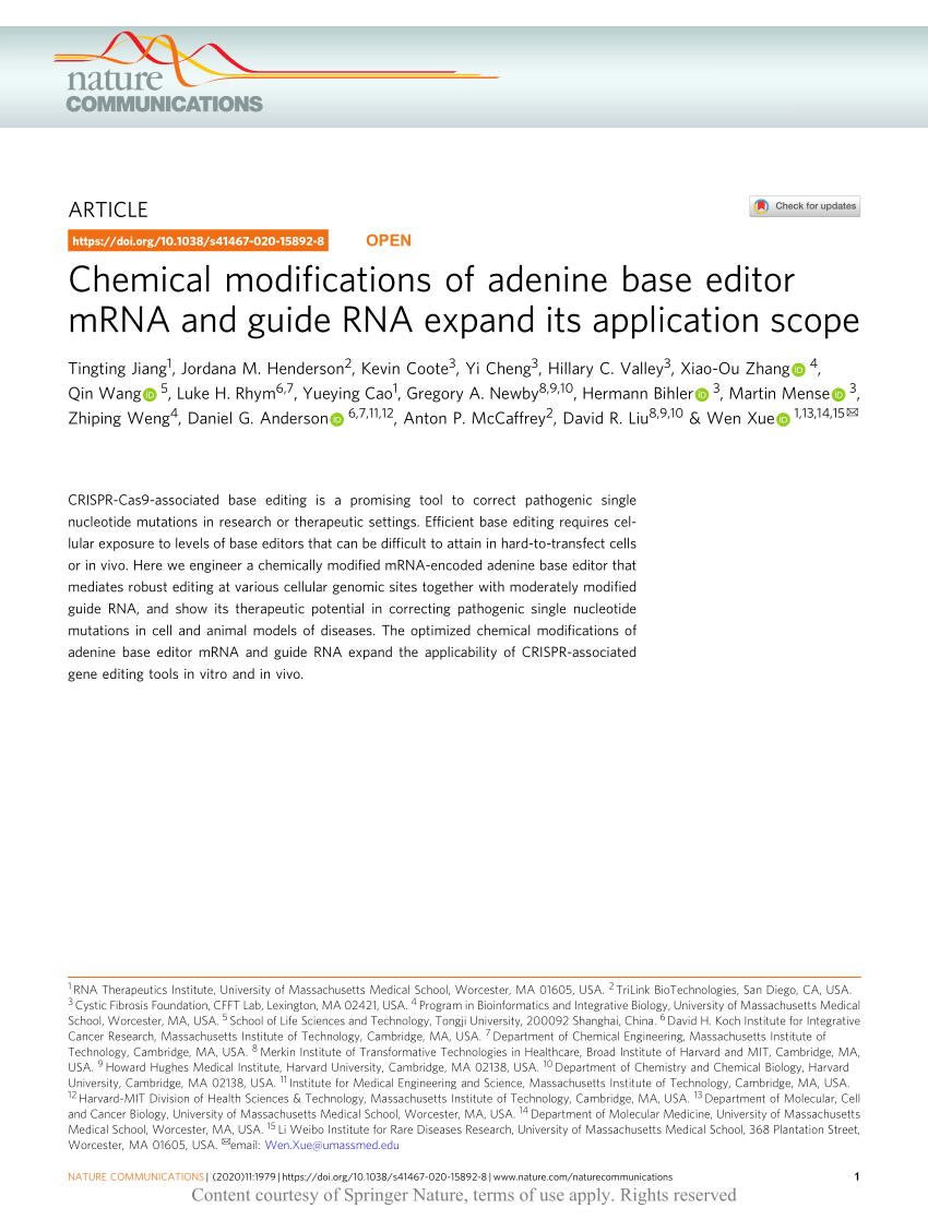 Jeg er stolt voks Rejse PDF) Chemical modifications of adenine base editor mRNA and guide RNA  expand its application scope