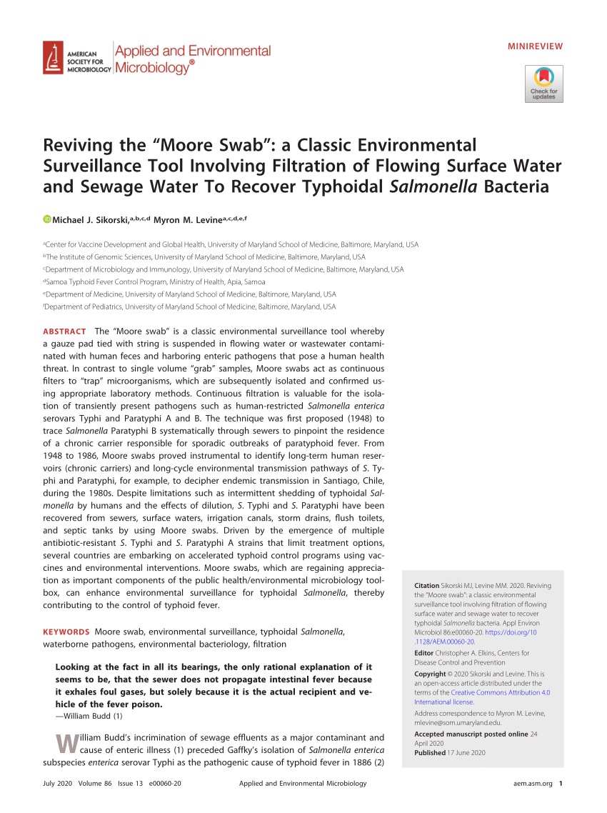 PDF) Reviving the “Moore swab” a classic environmental surveillance tool involving filtration of flowing surface water and sewage water to recover typhoidal Salmonella