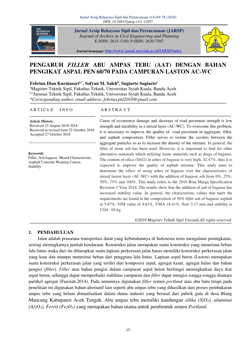 Pdf Pengaruh Filler Abu Ampas Tebu Aat Dengan Bahan Pengikat Aspal Pen 6070 Pada Campuran 9879