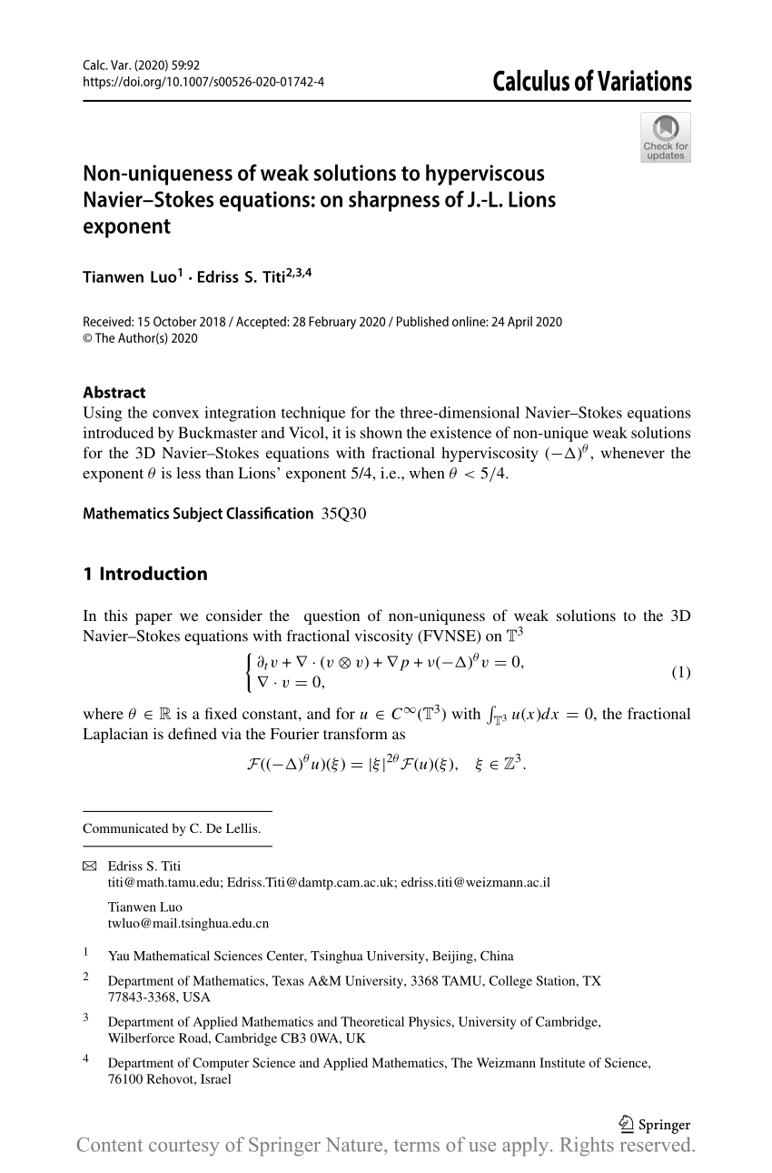 Pdf Non Uniqueness Of Weak Solutions To Hyperviscous Navier Stokes Equations On Sharpness Of J L Lions Exponent