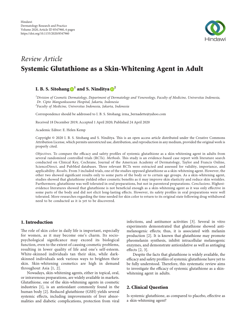 PDF Systemic Glutathione as a Skin Whitening Agent in Adult