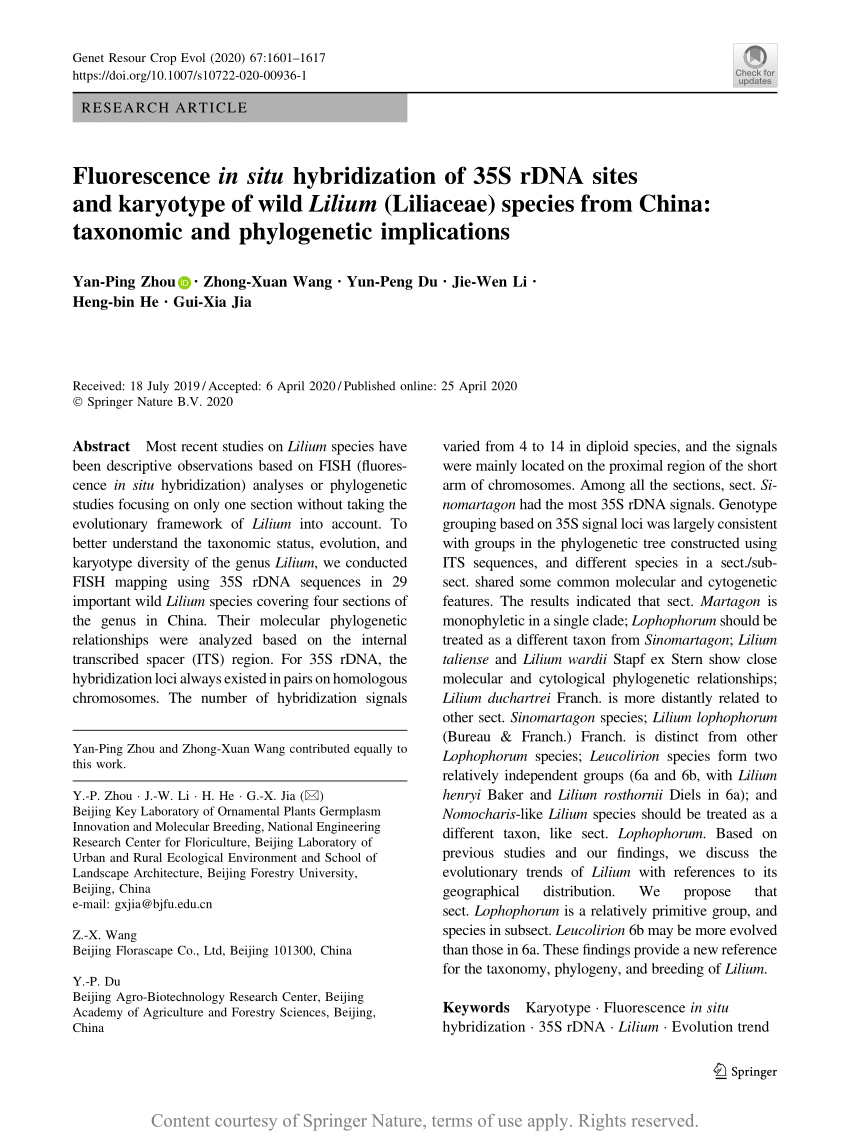 Fluorescence In Situ Hybridization Of 35s Rdna Sites And Karyotype Of Wild Lilium Liliaceae Species From China Taxonomic And Phylogenetic Implications Request Pdf