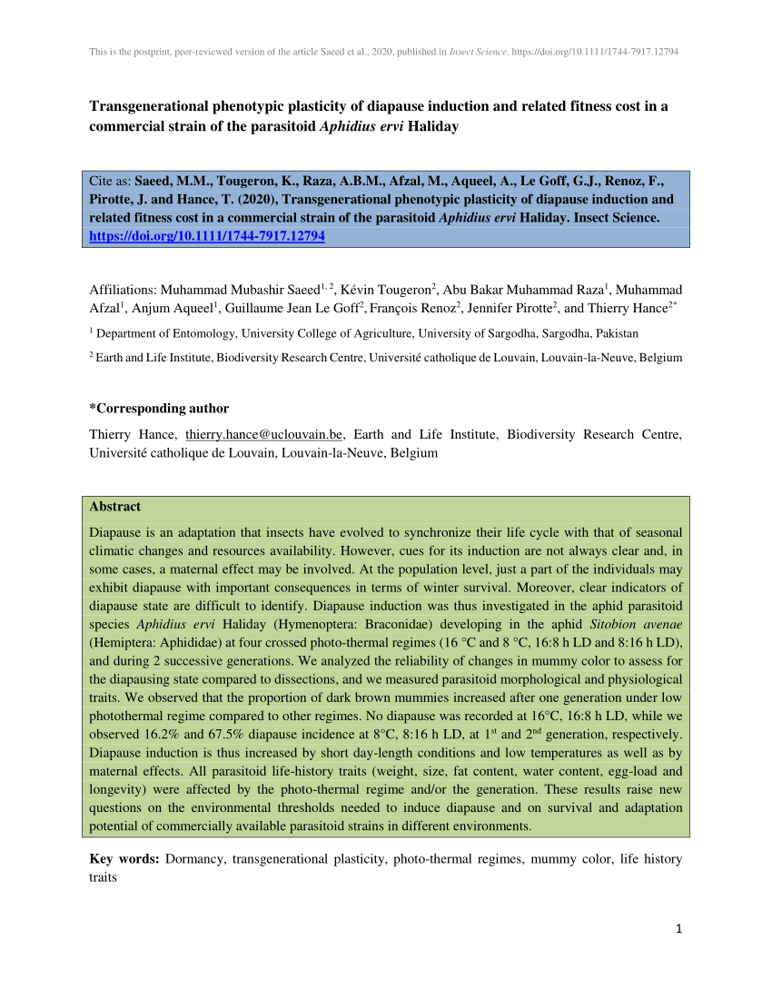 Pdf Transgenerational Phenotypic Plasticity Of Diapause Induction And Related Fitness Cost In A Commercial Strain Of The Parasitoid Aphidius Ervi Haliday