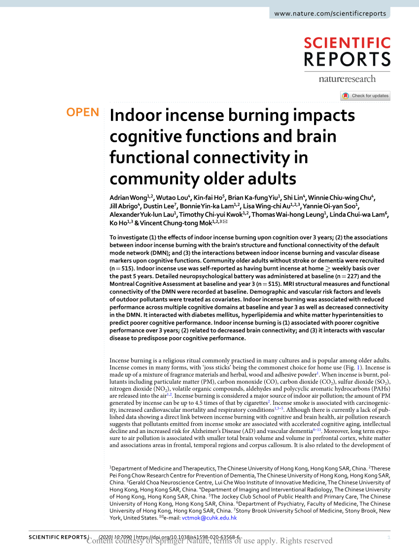 Indoor incense burning impacts cognitive functions and brain functional  connectivity in community older adults