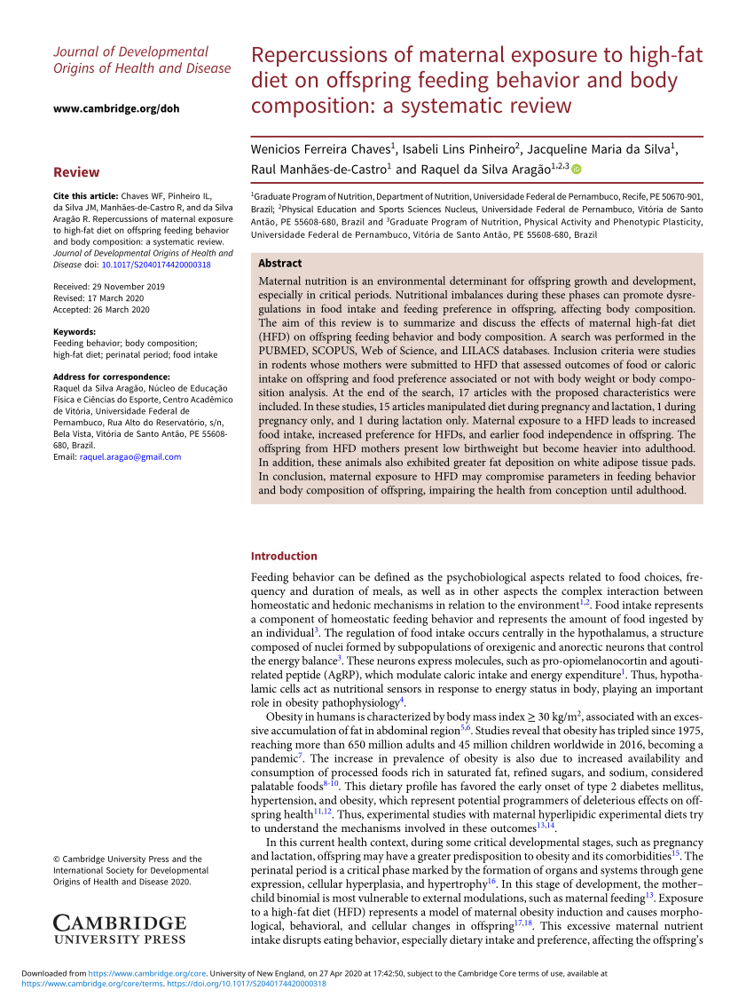 Pdf Repercussions Of Maternal Exposure To High Fat Diet On Offspring Feeding Behavior And Body 7911