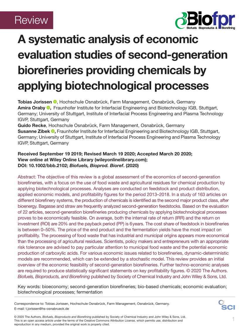 PDF) A systematic analysis of economic evaluation studies of  second‐generation biorefineries providing chemicals by applying  biotechnological processes