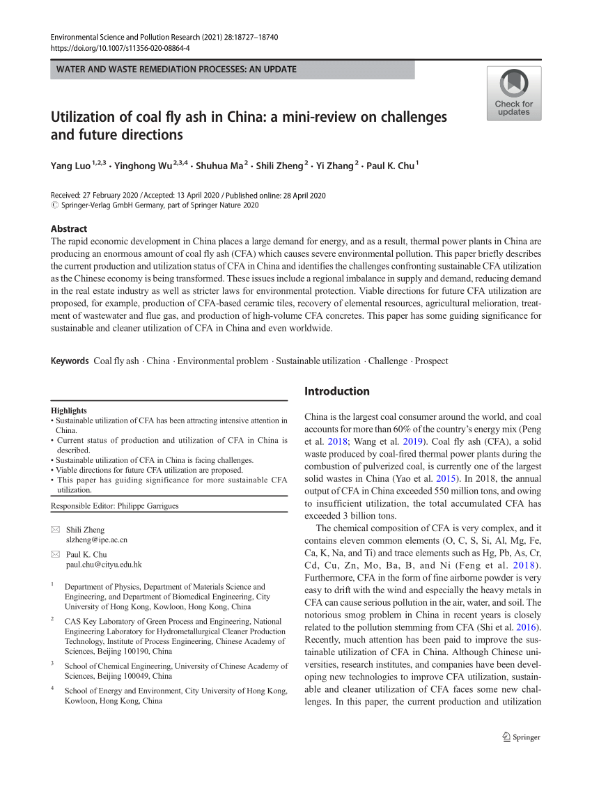 PDF) Utilization of coal fly ash in China: a mini-review on 