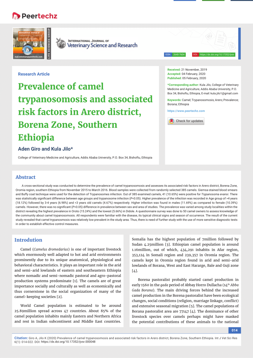 Pdf Prevalence Of Camel Trypanosomosis And Associated Risk Factors In Arero District Borena Zone Southern Ethiopia