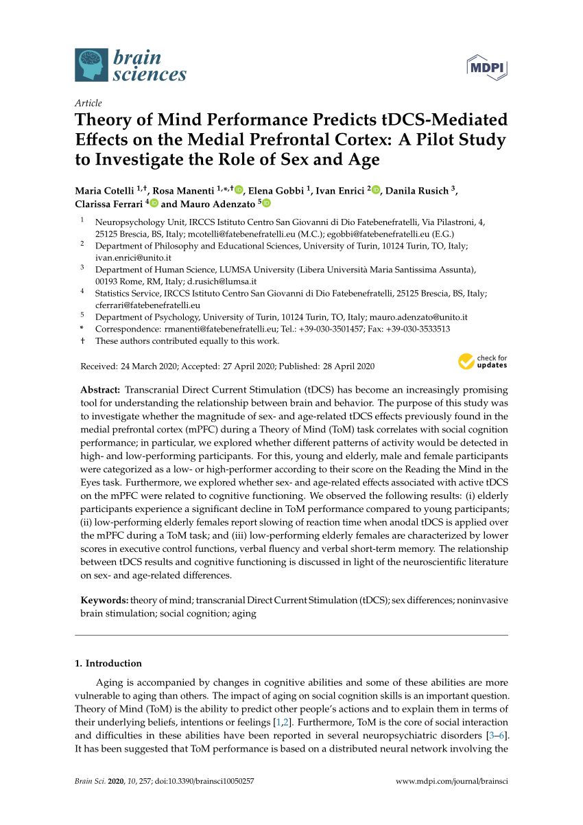 Pdf Theory Of Mind Performance Predicts Tdcs Mediated Effects On The Medial Prefrontal Cortex 7237