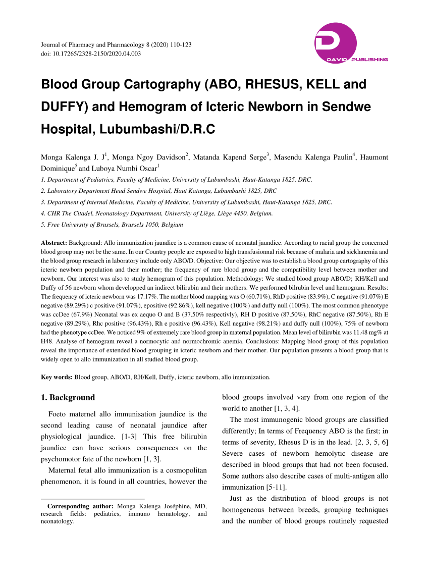 Pdf Blood Group Cartography Abo Rhesus Kell And Duffy And Hemogram Of Icteric Newborn In Sendwe Hospital Lubumbashi D R C