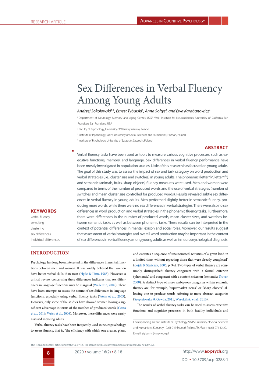 Pdf Sex Differences In Verbal Fluency Among Young Adults