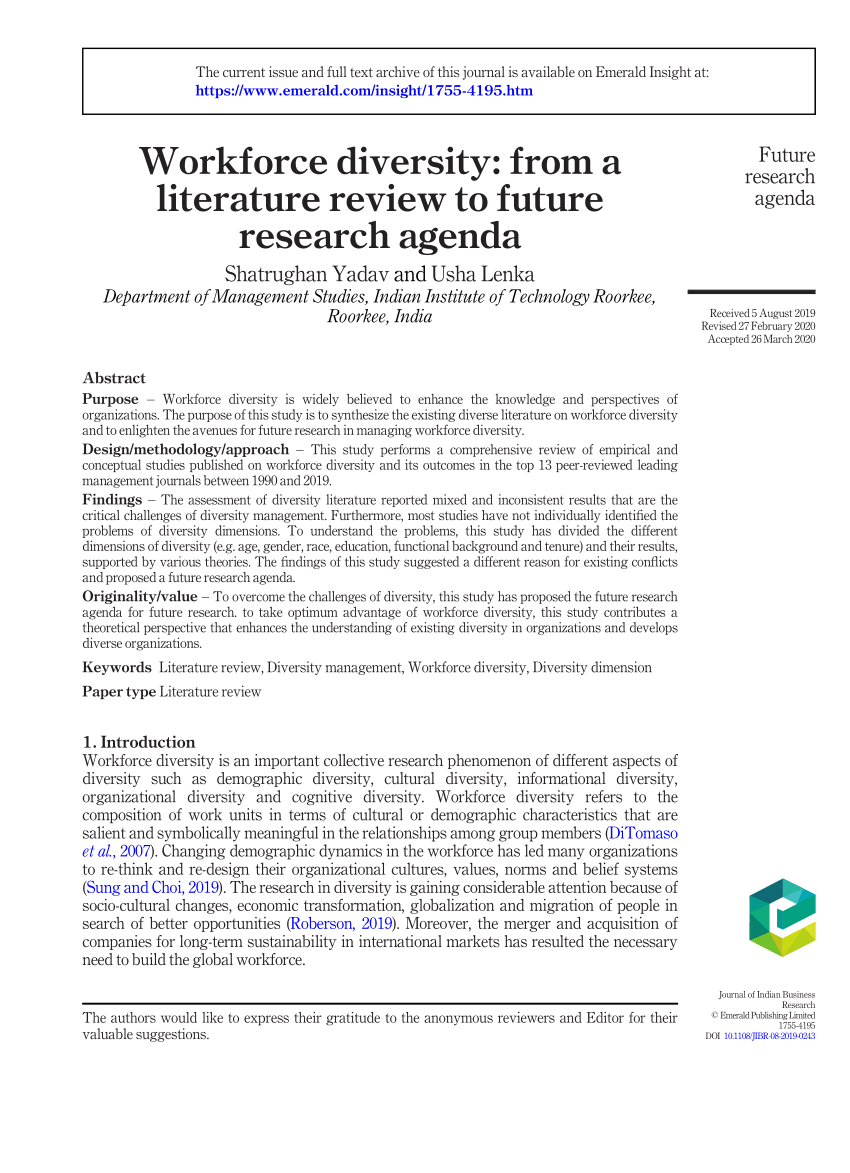 Pdf Workforce Diversity From A Literature Review To Future Research Agenda