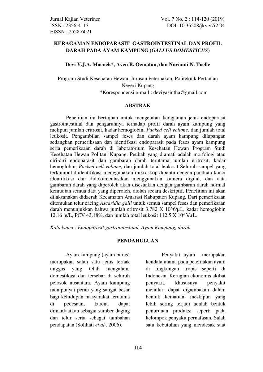 Pdf Keragaman Endoparasit Gastrointestinal Dan Profil Darah Pada Ayam