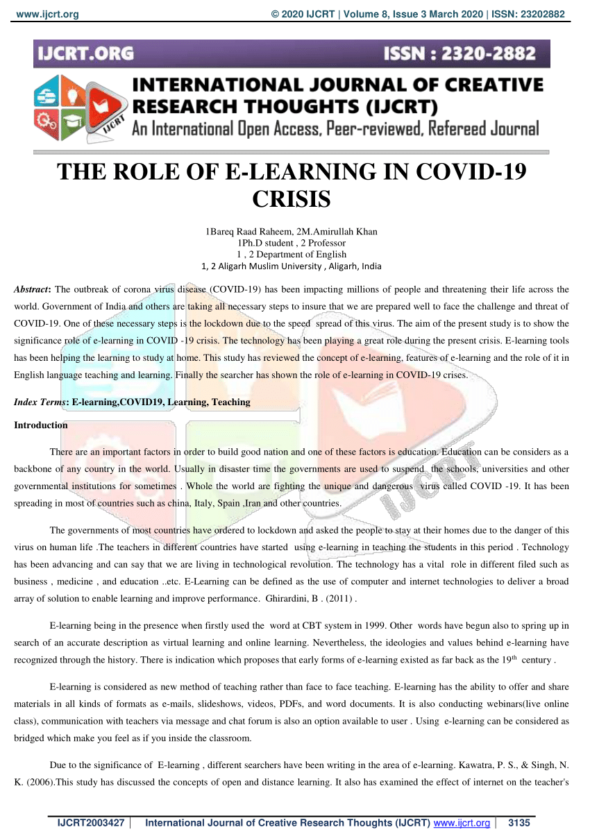 Pdf The Role Of E Learning In Covid 19 Crisis
