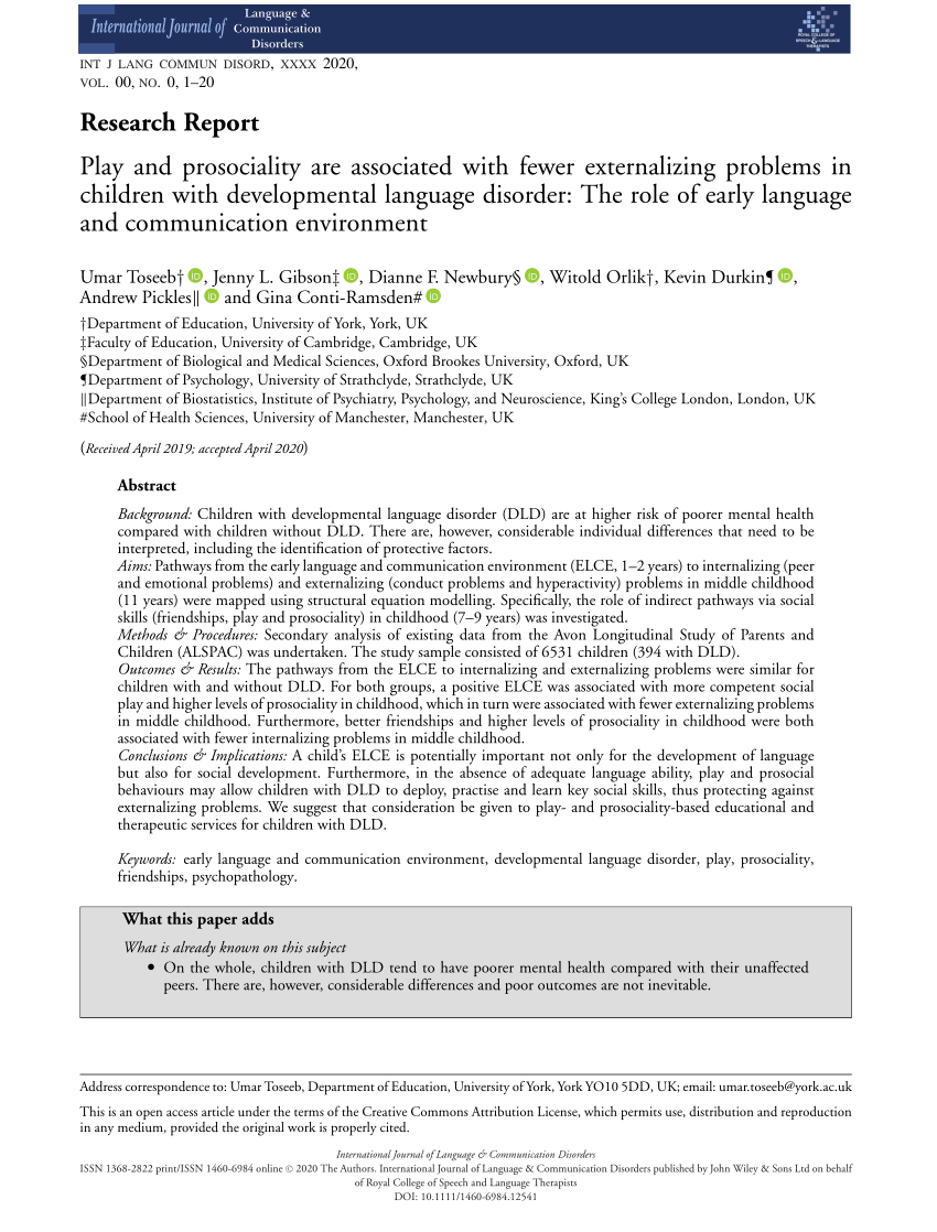 PDF) Play and Prosociality are Associated with Fewer Externalising ...