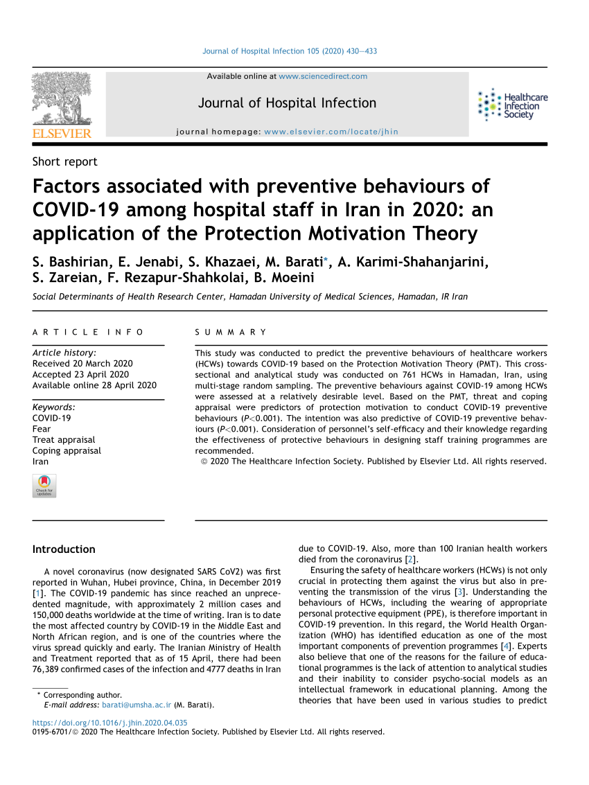 Pdf Factors Associated With Preventive Behaviours Of Covid 19 Among Hospital Staff In Iran In An Application Of The Protection Motivation Theory