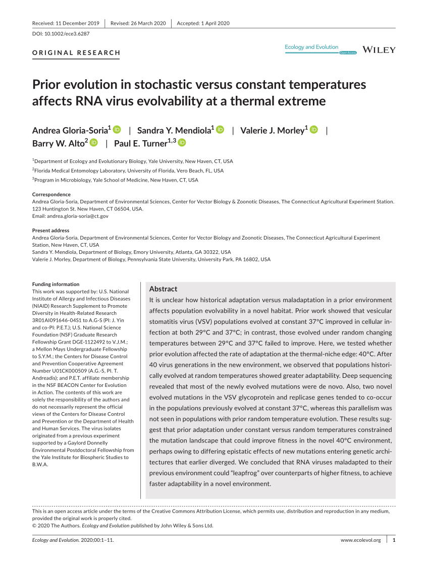 Pdf Prior Evolution In Stochastic Versus Constant Temperatures Affects Rna Virus Evolvability At A Thermal Extreme
