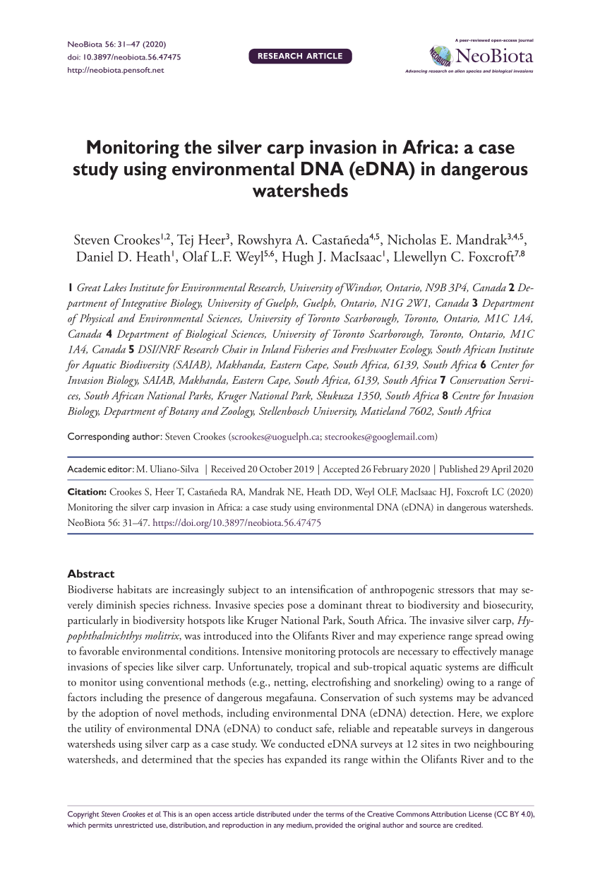 PDF) Monitoring the silver carp invasion in Africa: a case study using  environmental DNA (eDNA) in dangerous watersheds