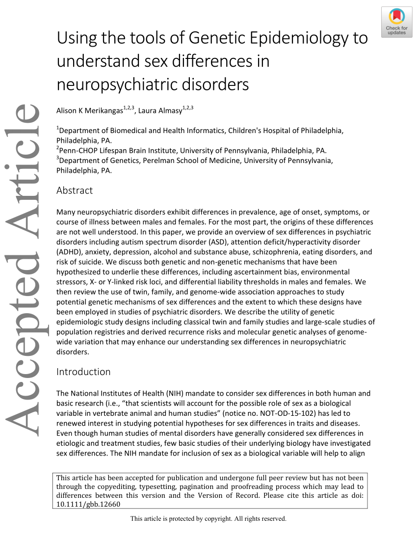 Pdf Using The Tools Of Genetic Epidemiology To Understand Sex Differences In Neuropsychiatric
