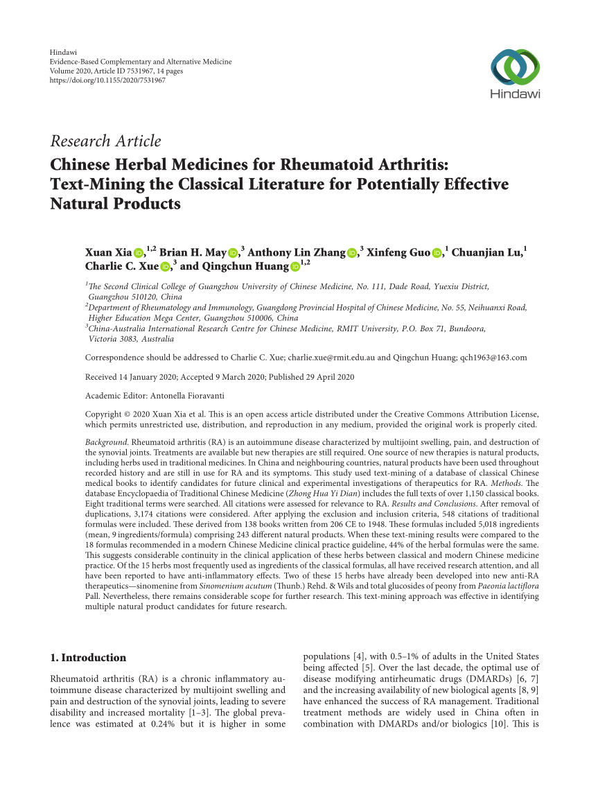 PDF) Chinese Herbal Medicines for Rheumatoid Arthritis: Text ...
