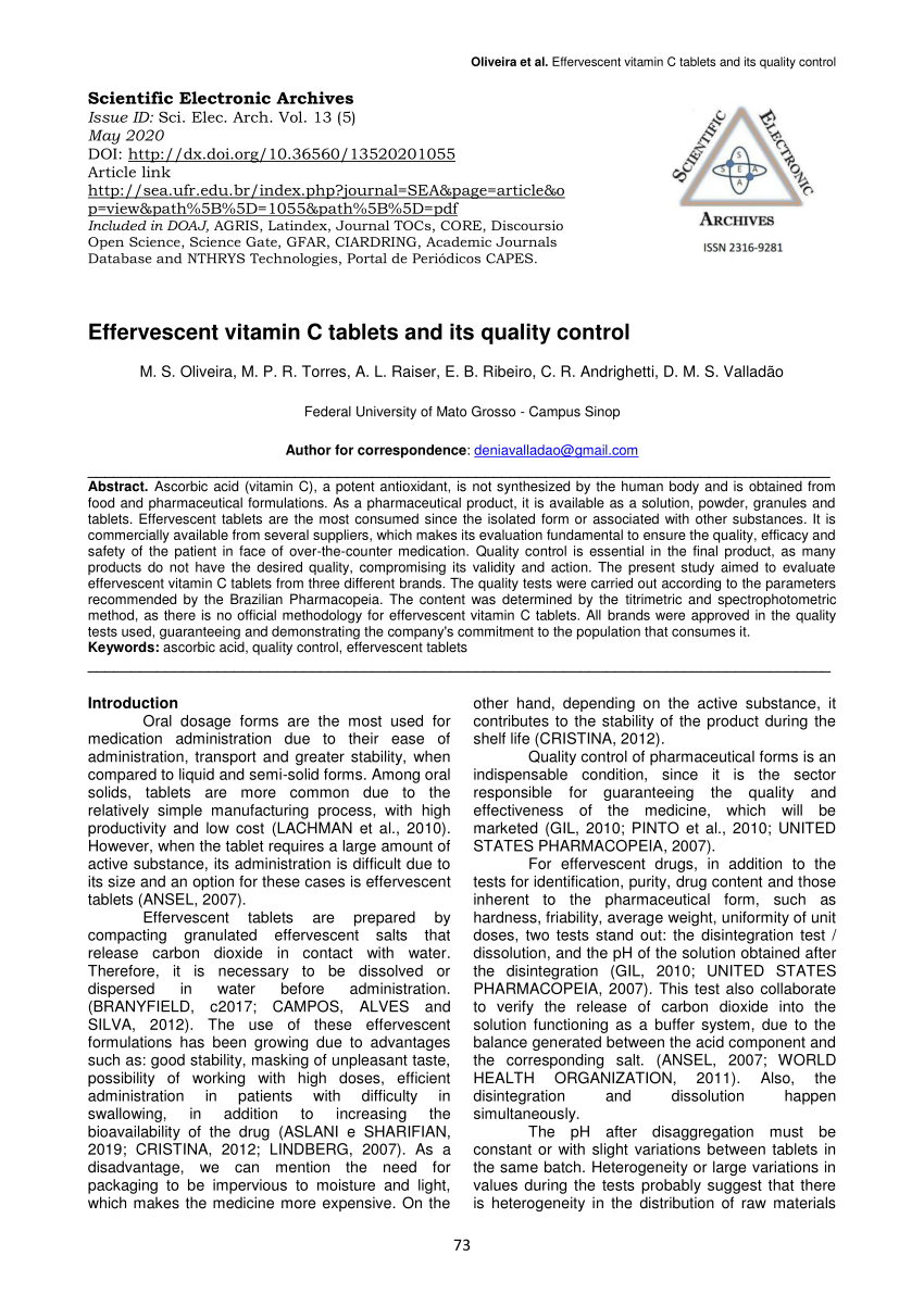 Pdf Effervescent Vitamin C Tablets And Its Quality Control