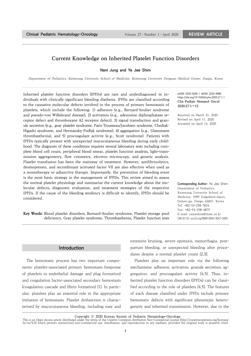 Pdf Current Knowledge On Inherited Platelet Function Disorders