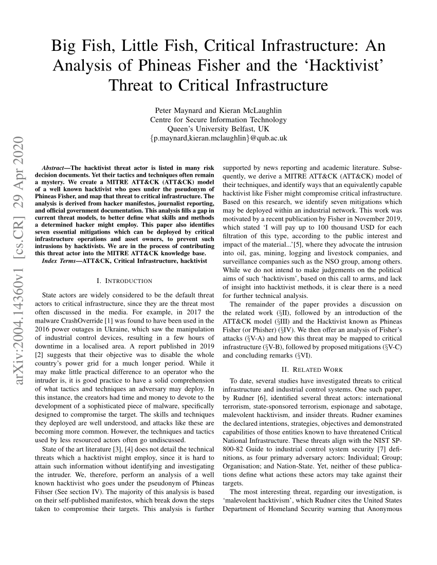 Pdf Big Fish Little Fish Critical Infrastructure An Analysis Of Phineas Fisher And The Hacktivist Threat To Critical Infrastructure