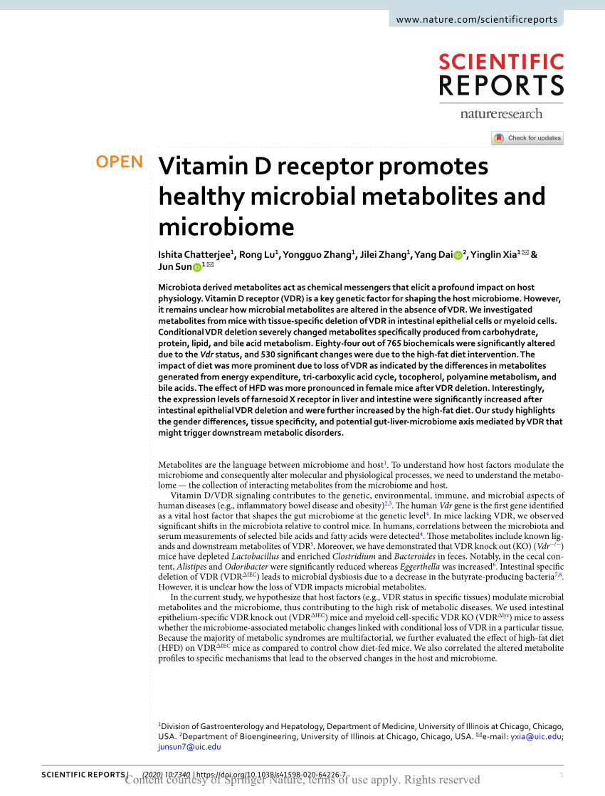 Pdf Vitamin D Receptor Promotes Healthy Microbial Metabolites And Microbiome