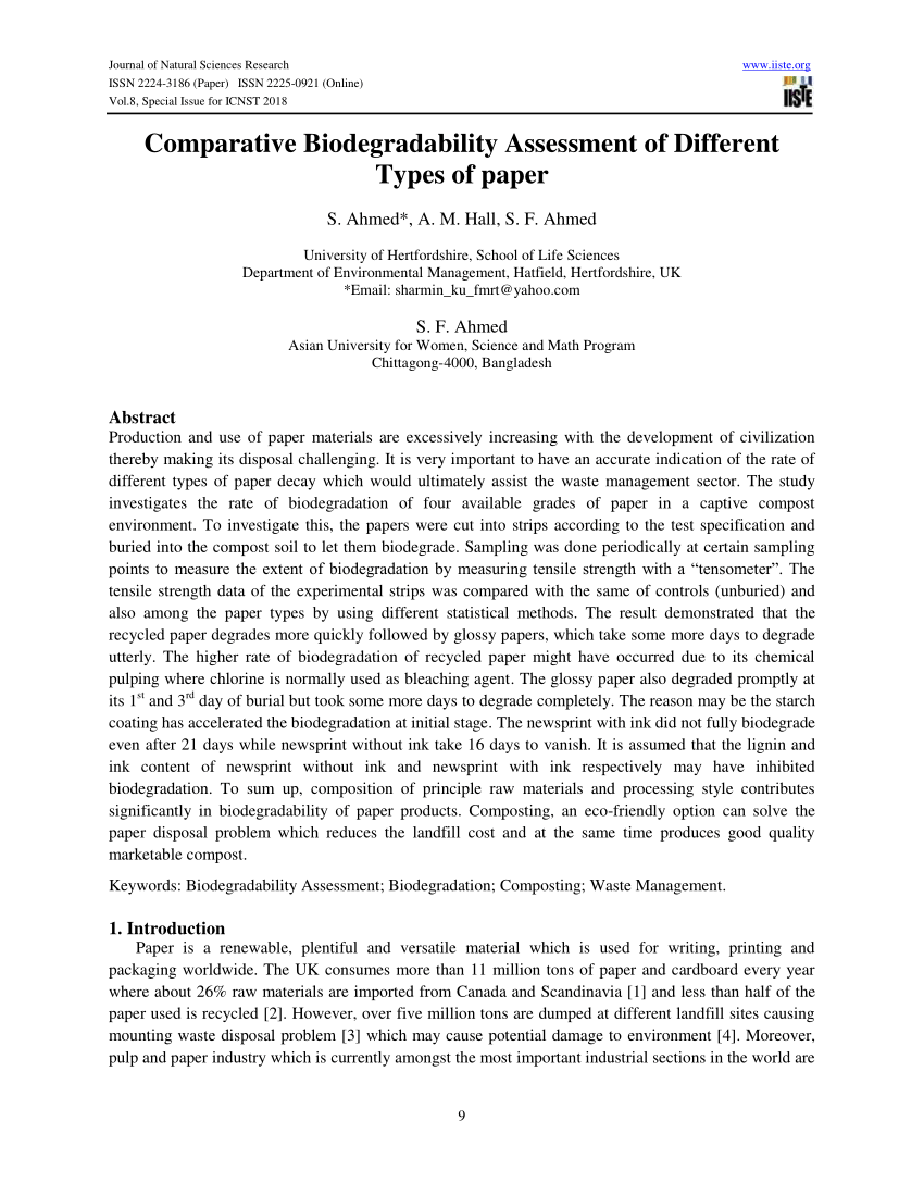 Pdf Comparative Biodegradability Assessment Of Different Types Of Paper 