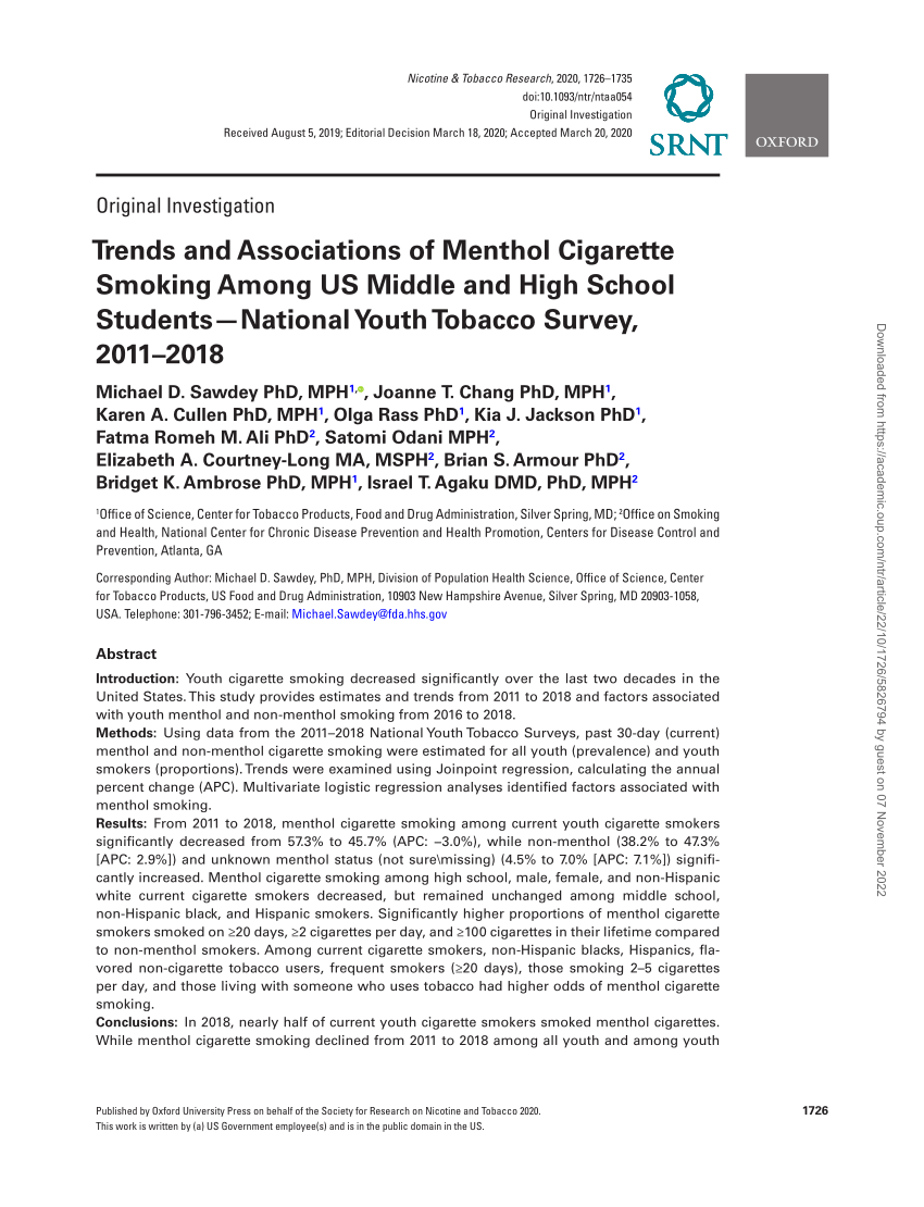 PDF) Trends and Associations of Menthol Cigarette Smoking Among US