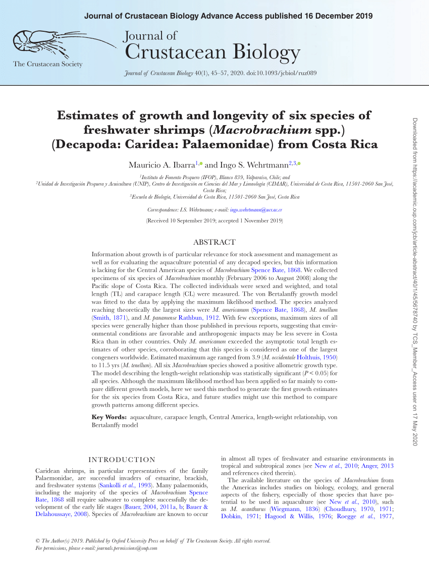 Pdf Estimates Of Growth And Longevity Of Six Species Of Freshwater Shrimps Macrobrachium Spp Decapoda Caridea Palaemonidae From Costa Rica