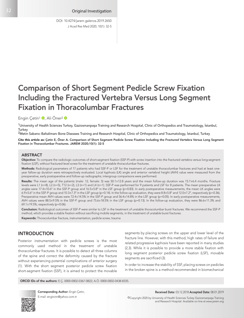 Pdf Comparison Of Short Segment Pedicle Screw Fixation Including The Fractured Vertebra Versus Long Segment Fixation In Thoracolumbar Fractures