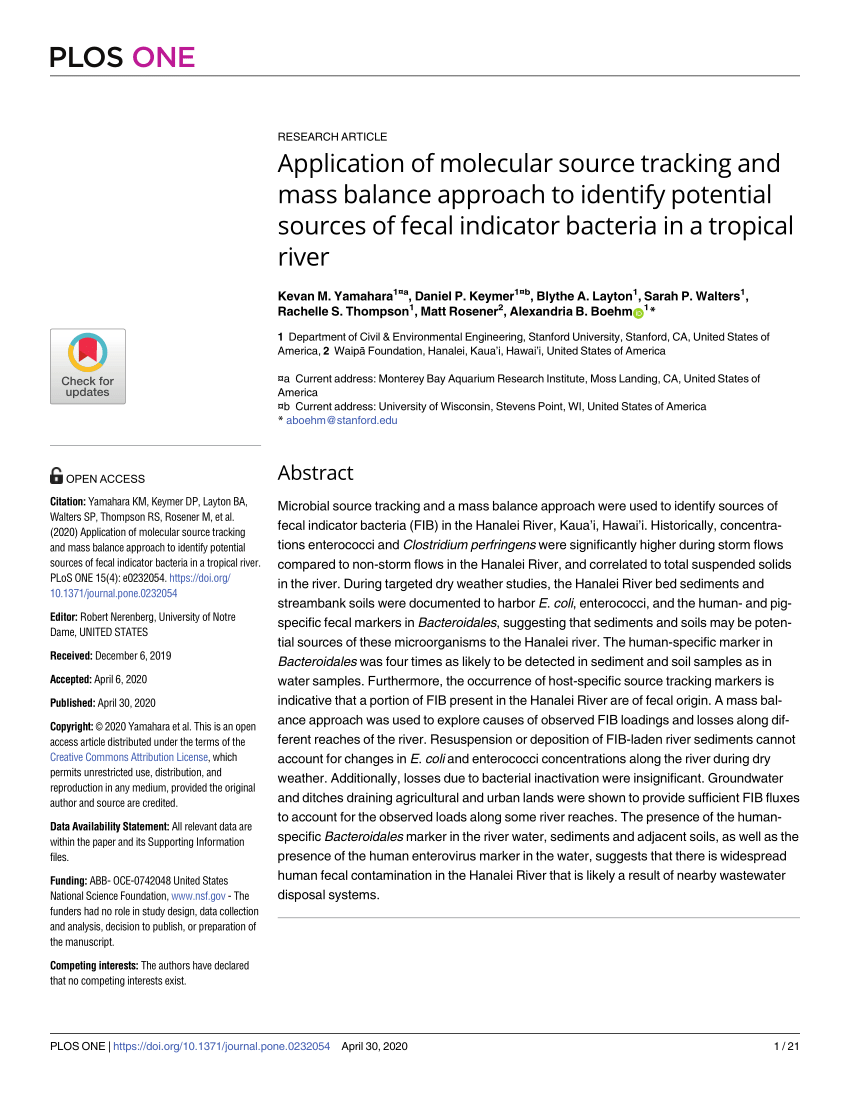 Pdf Application Of Molecular Source Tracking And Mass Balance Approach To Identify Potential Sources Of Fecal Indicator Bacteria In A Tropical River