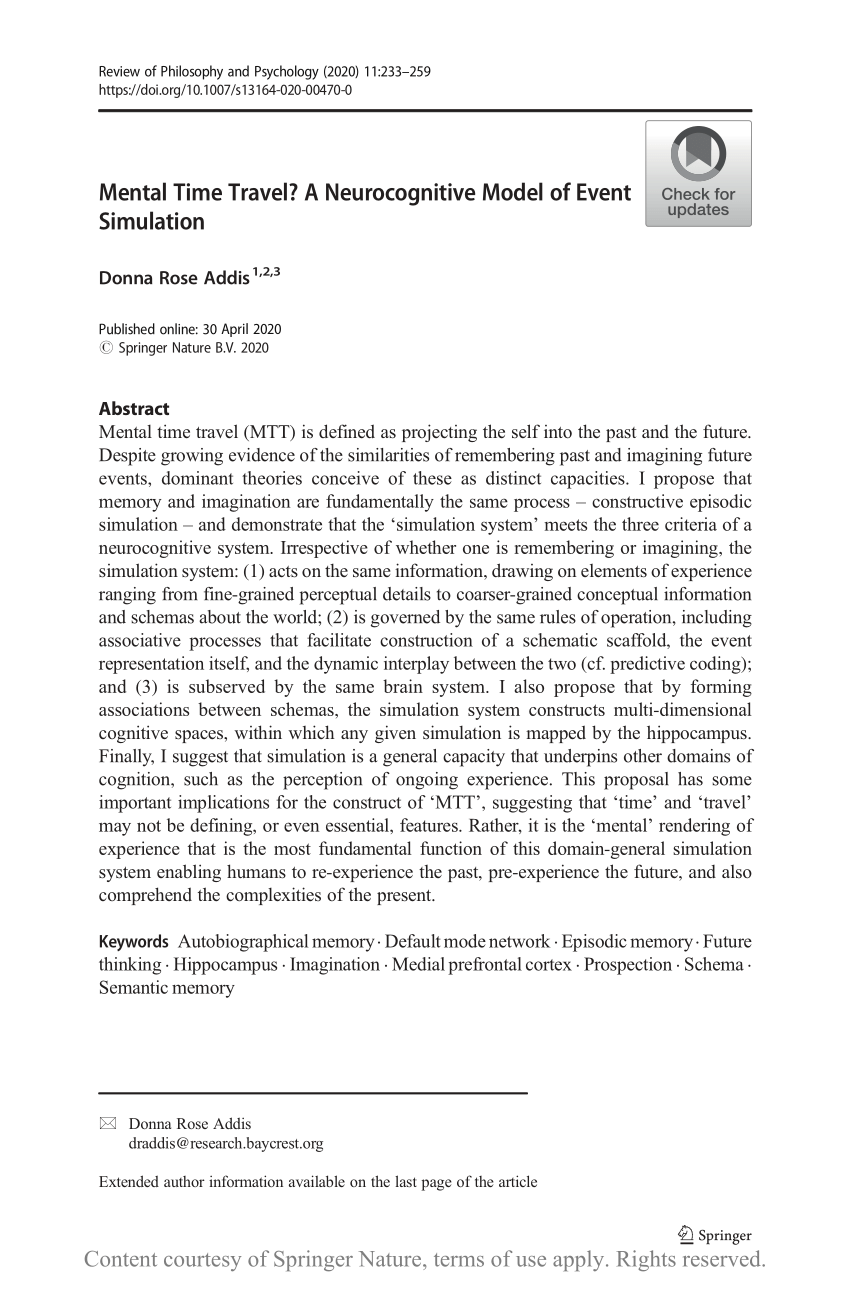 mental time travel a neurocognitive model of event simulation