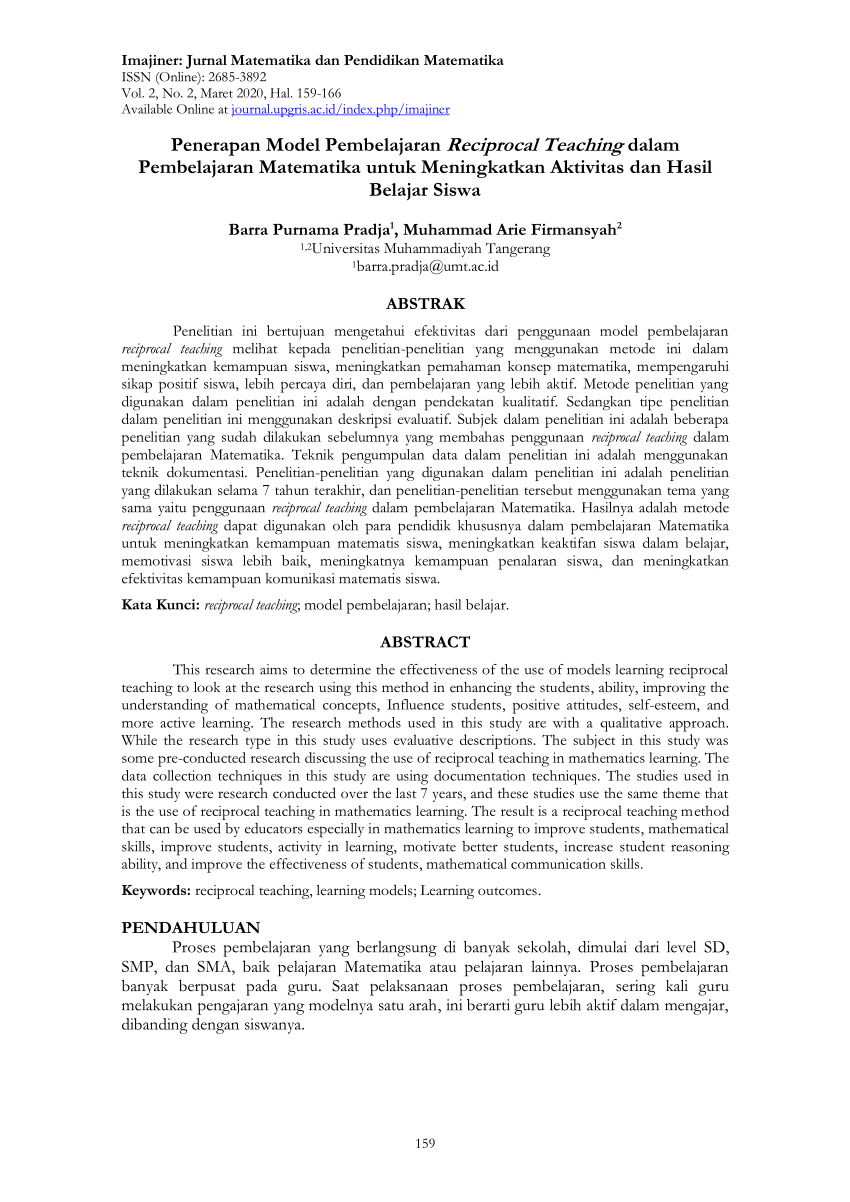  PDF Penerapan Model  Pembelajaran  Reciprocal Teaching dalam Pembelajaran  Matematika  untuk 