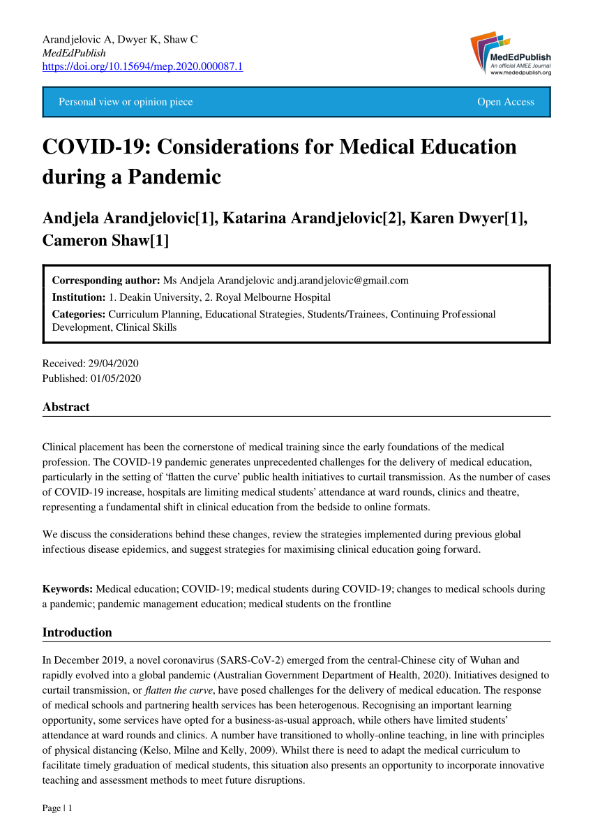 Pdf Covid 19 Considerations For Medical Education During A Pandemic