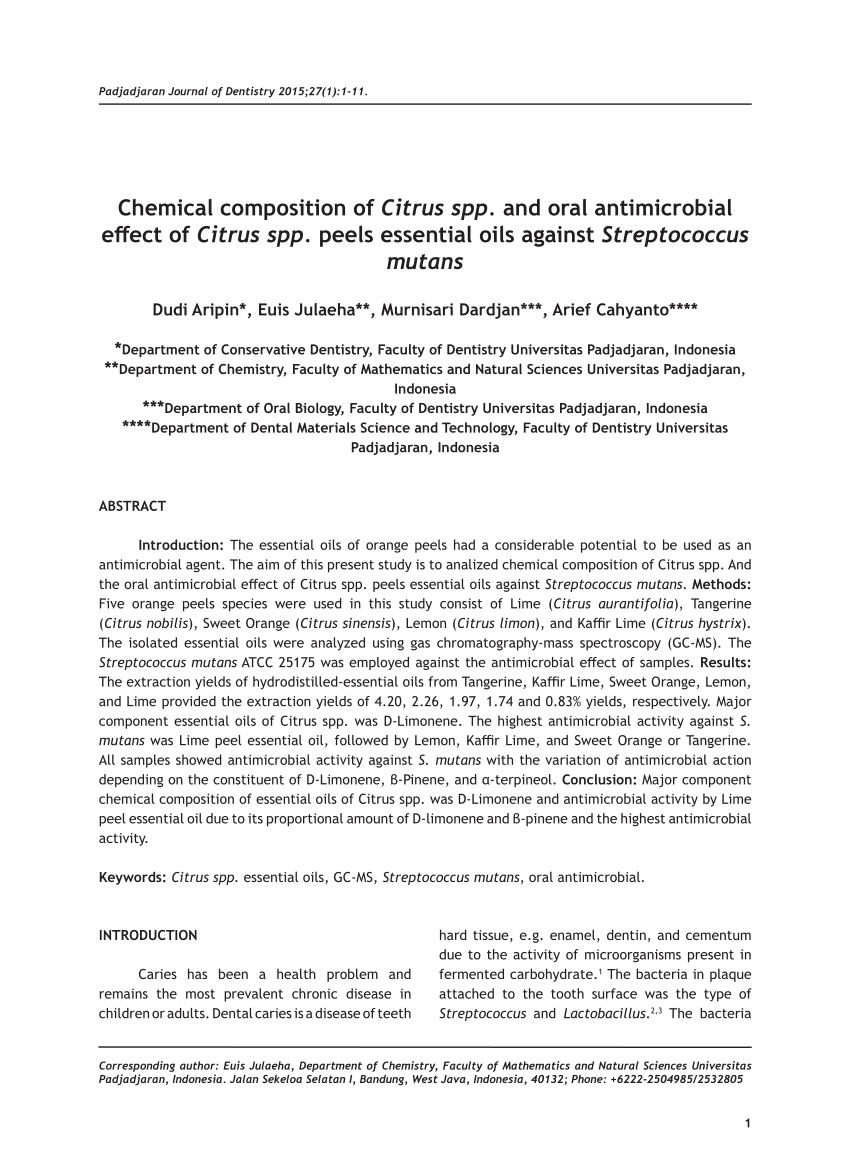 Pdf Chemical Composition Of Citrus Spp And Oral Antimicrobial Effect Of Citrus Spp Peels Essential Oils Against Streptococcus Mutans