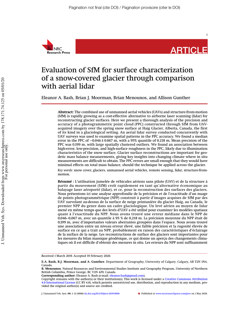 Pdf Evaluation Of Sfm For Surface Characterization Of A Snow Covered Glacier Through Comparison With Aerial Lidar