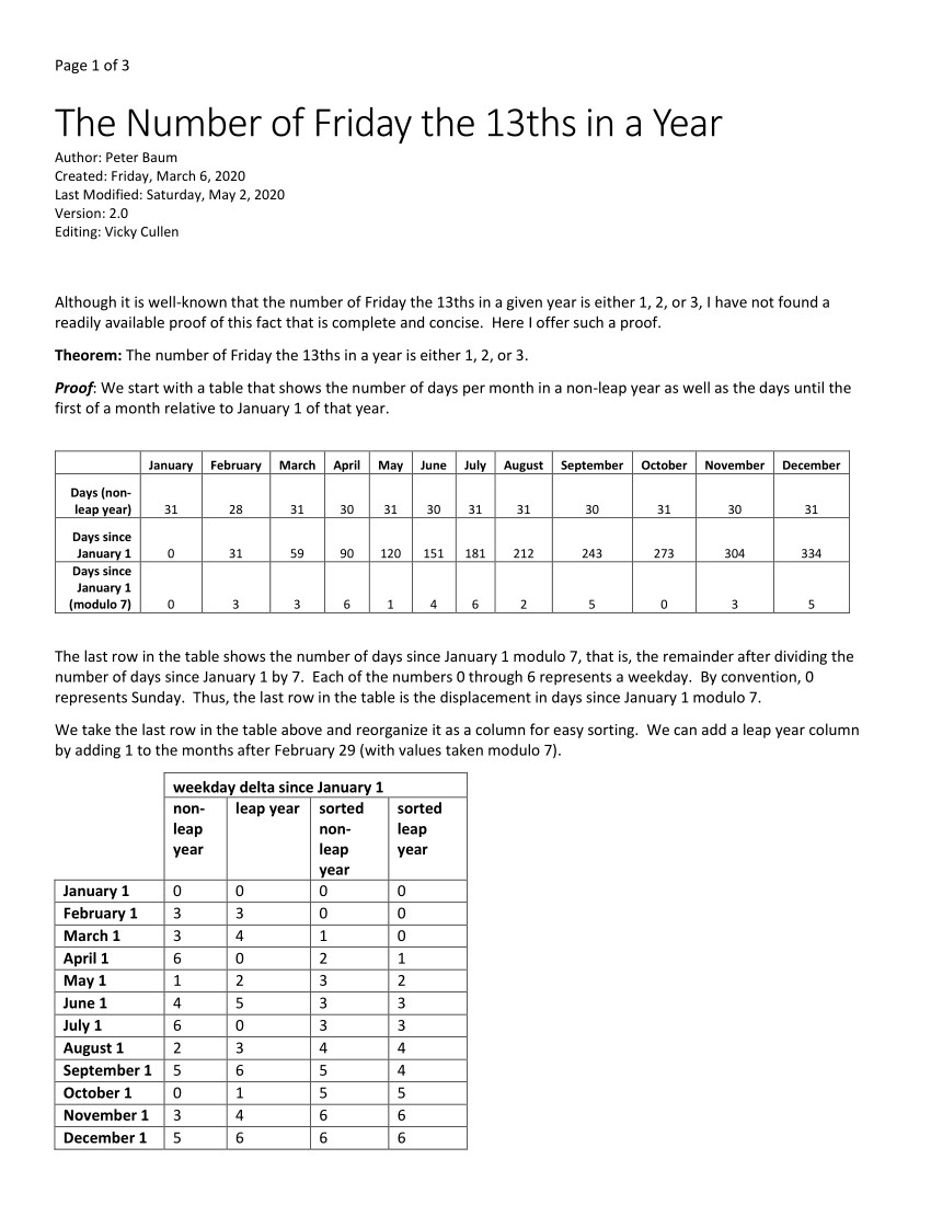 (PDF) The Number of Friday the 13ths in a Year