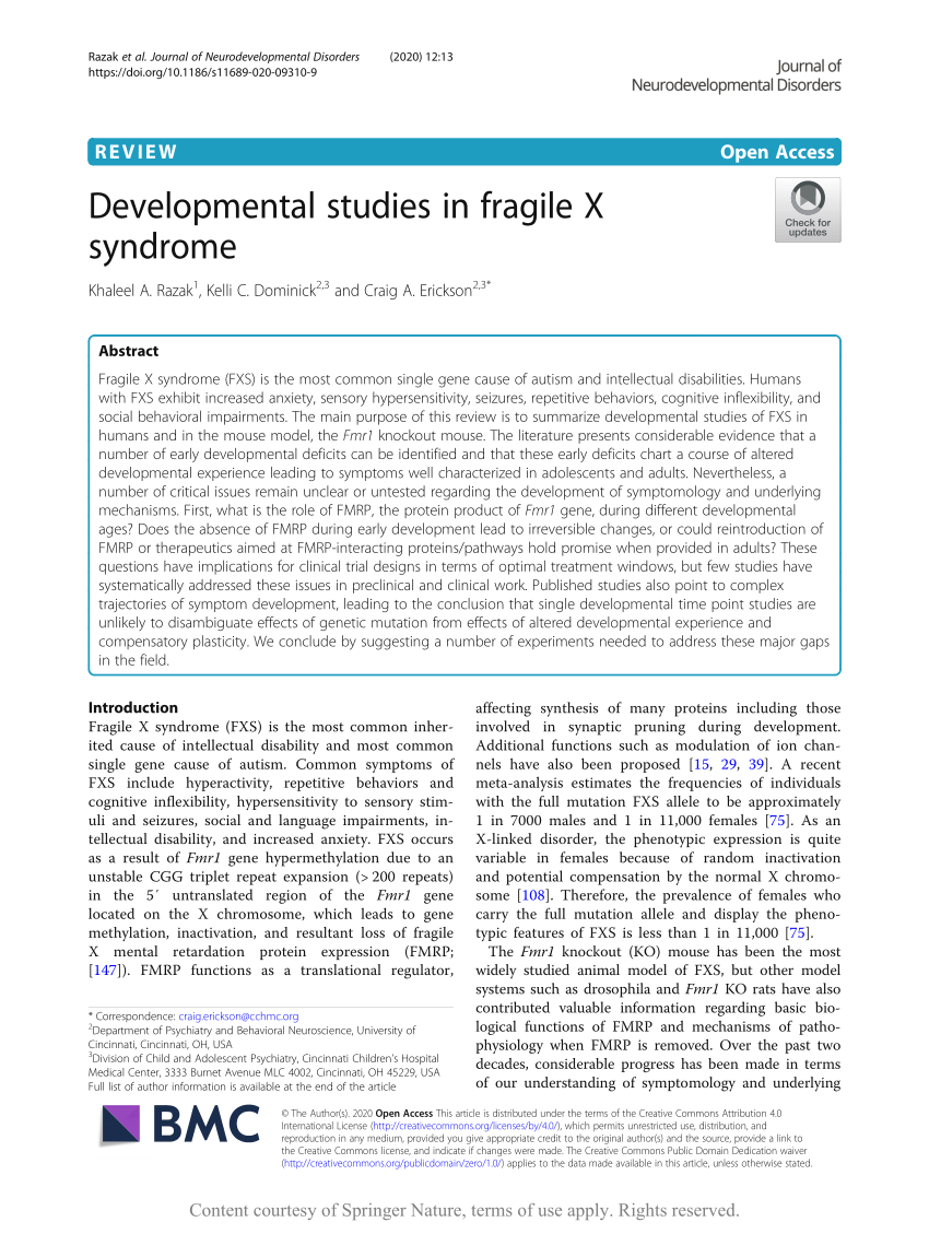 Pdf Developmental Studies In Fragile X Syndrome