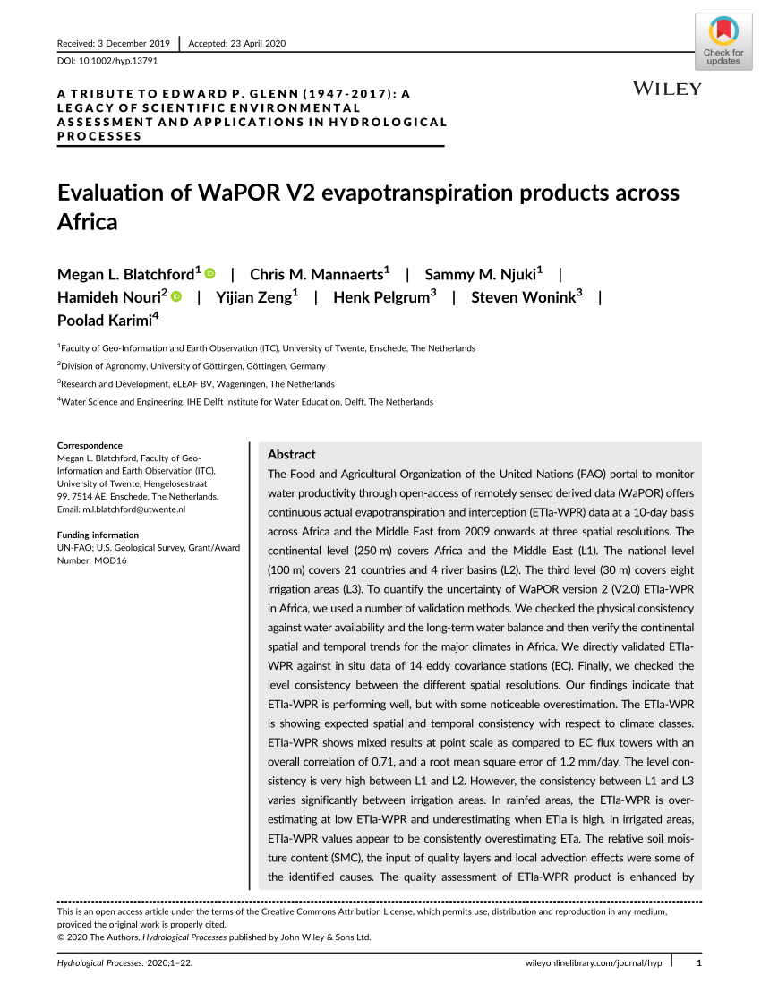 Pdf Evaluation Of Wapor V2 Evapotranspiration Products Across Africa
